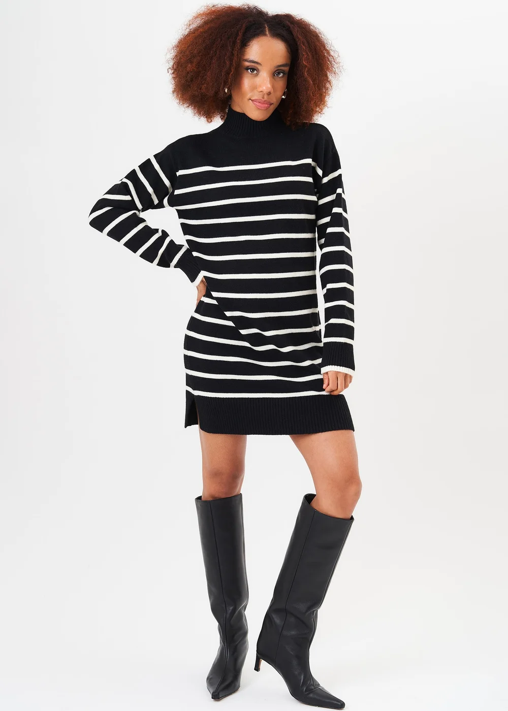 Gini London Black High Neck Stripe Oversized Tunic Dress - L/XL Image 1