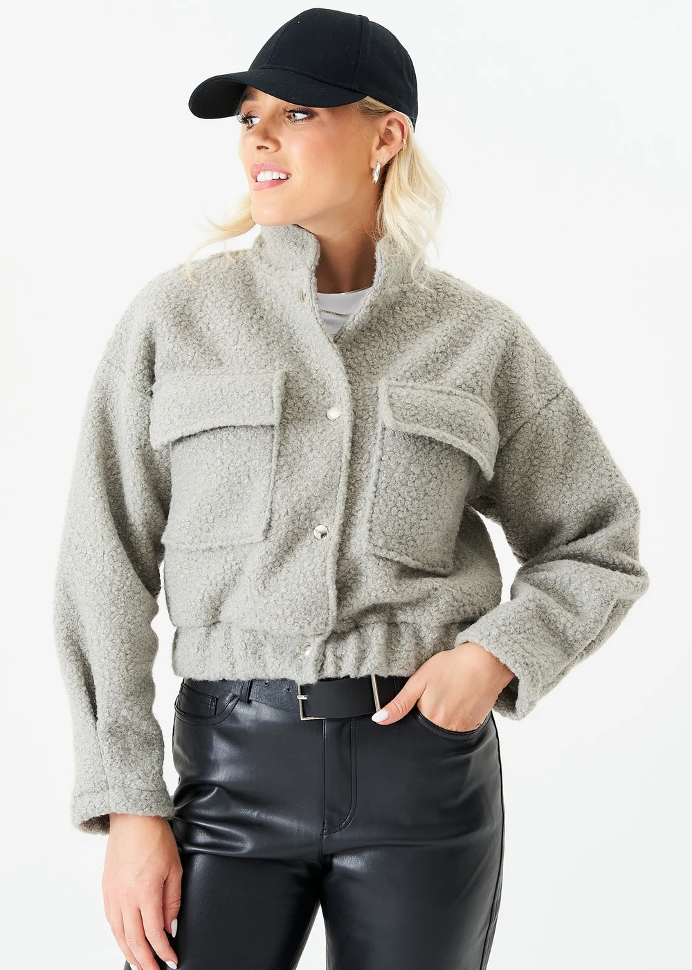 Gini London Grey Boucle Wool Elasticated Waist Cropped Jacket - L/XL Image 4