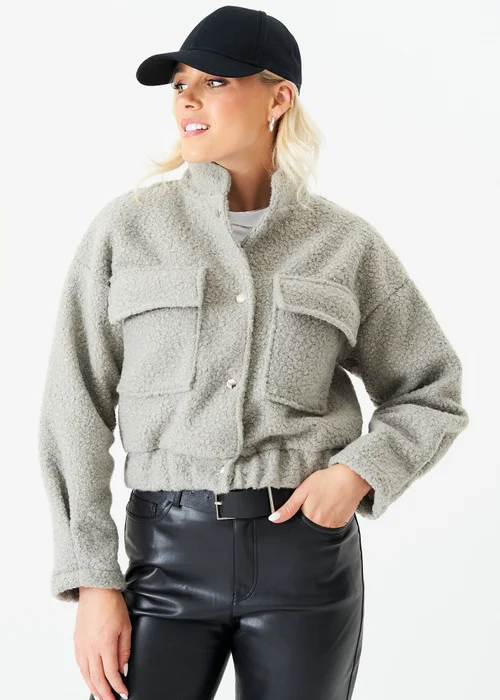 Gini London Grey Boucle Wool Elasticated Waist Cropped Jacket - L/XL Image 4
