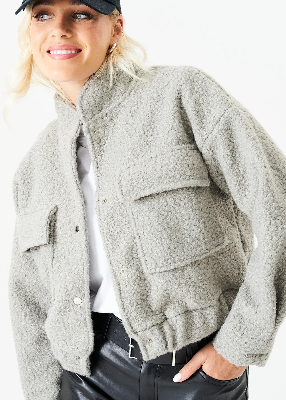 Gini London Grey Boucle Wool Elasticated Waist Cropped Jacket - L/XL Image 3