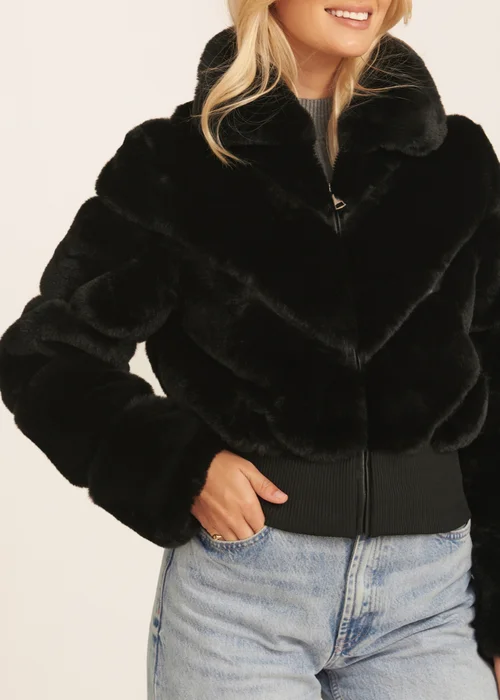 Gini London Black Faux Fur Zip Front Short Jacket - L/XL Image 3