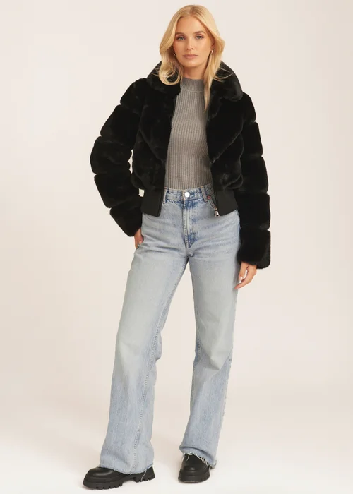 Gini London Black Faux Fur Zip Front Short Jacket - L/XL Image 1