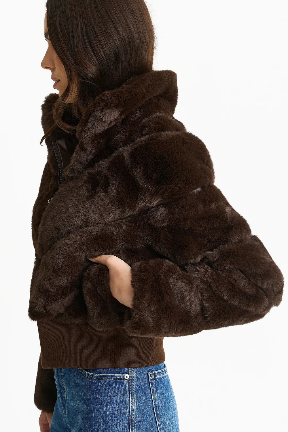 Gini London Chocolate Faux Fur Zip Front Short Jacket - L/XL Image 4