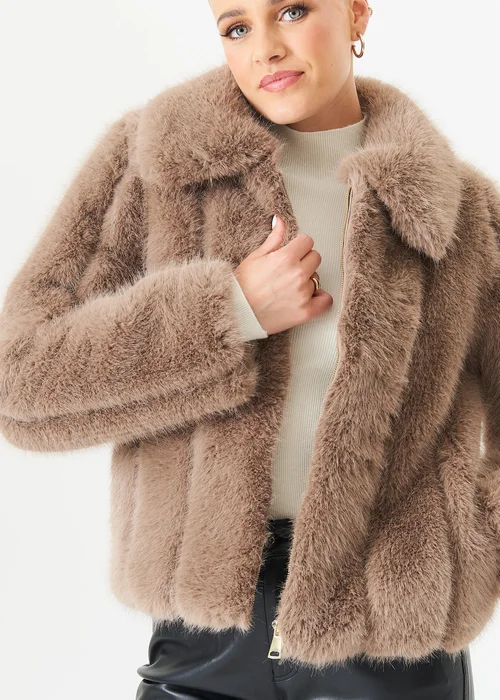 Gini London Stone Zip Front Faux Fur Short Jacket - Small/Medium Image 3