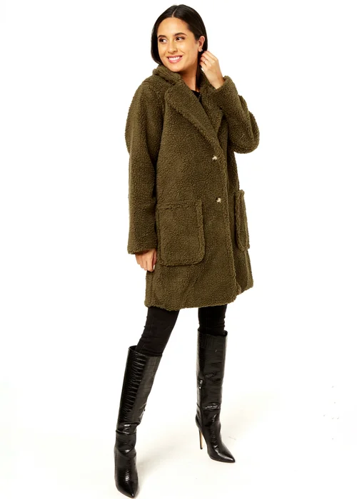 Gini London Khaki Faux Fur Longline Teddy Overcoat - Large/Extra Large Image 2