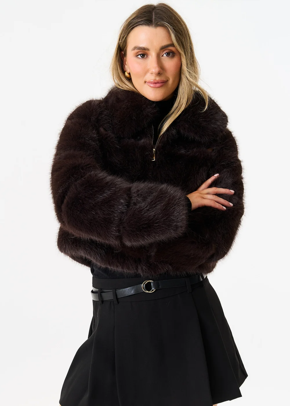 Gini London Brown Panel Faux Fur Cropped Jacket - M/L Image 4