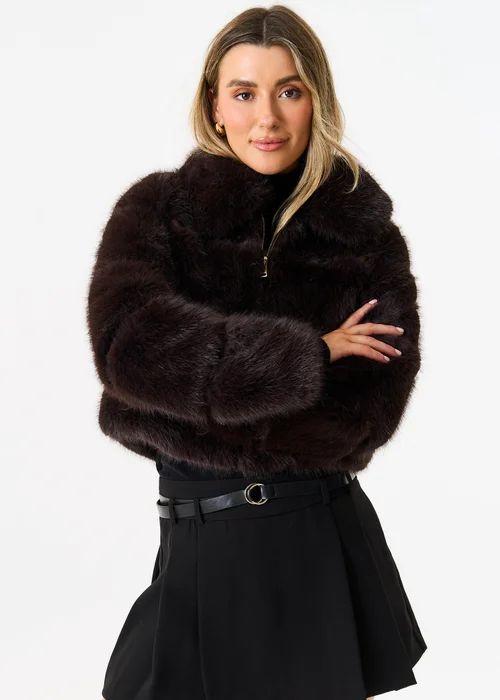 Gini London Brown Panel Faux Fur Cropped Jacket - M/L Image 4