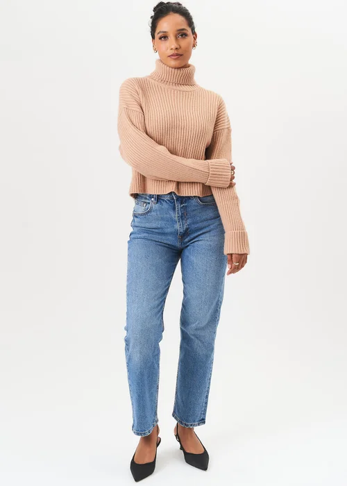 Gini London Camel High Neck Chunky Knit Crop Jumper - M/L Image 1