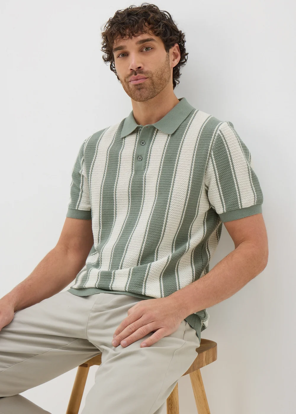 Sage Stripe Knitted Polo Shirt - Small Image 1