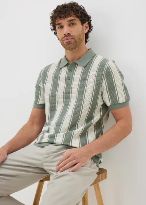 Sage Stripe Knitted Polo Shirt - Small Image 1