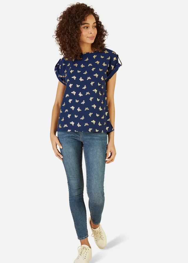 Yumi Navy Foil Butterfly Print Top