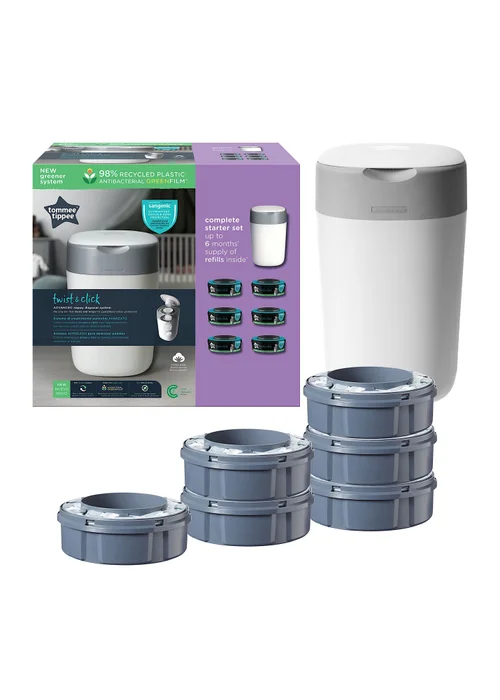 Tommee Tippee Twist & Click Nappy Bin White with x6 Cassettes - One Size Image 1