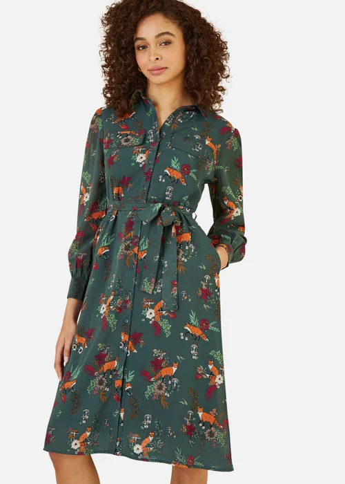 Yumi Green Recycled Fox Print Shirt Midi Dress - 10 Image 2