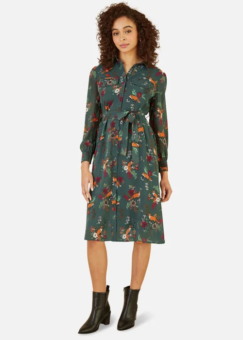 Yumi Green Recycled Fox Print Shirt Midi Dress - 10 Image 1