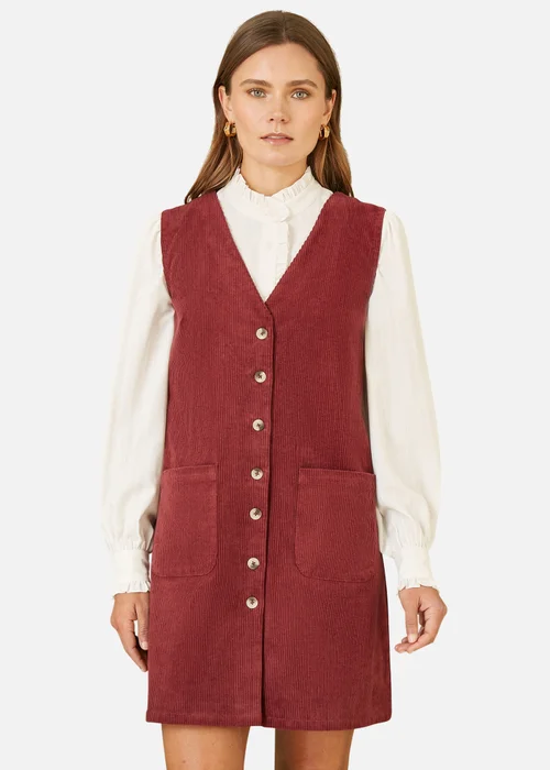 Yumi Burgundy Cord Button Through Pinafore Dress With Pockets - 14 Image 2