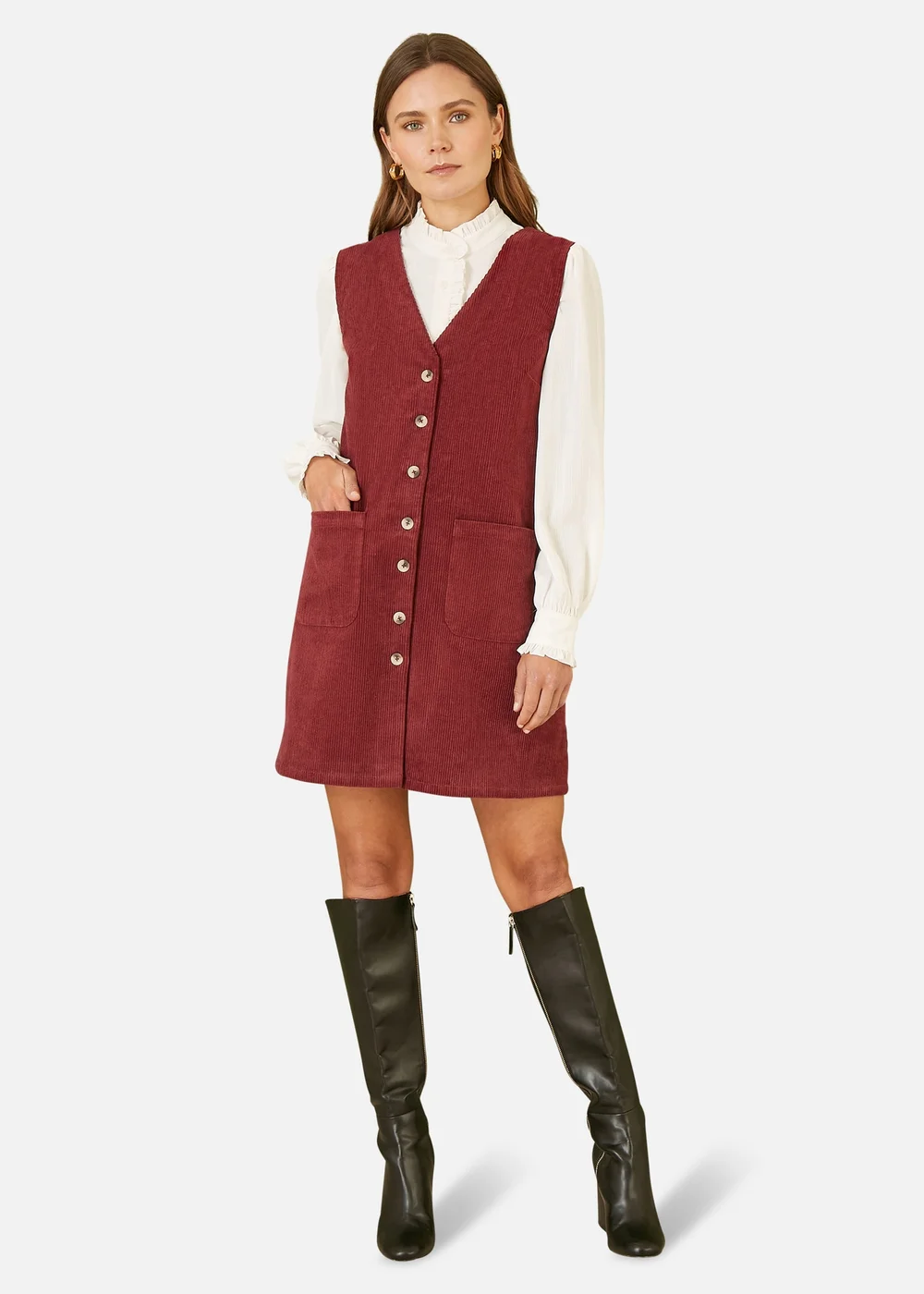 Yumi Burgundy Cord Button Through Pinafore Dress With Pockets - 14 Image 1