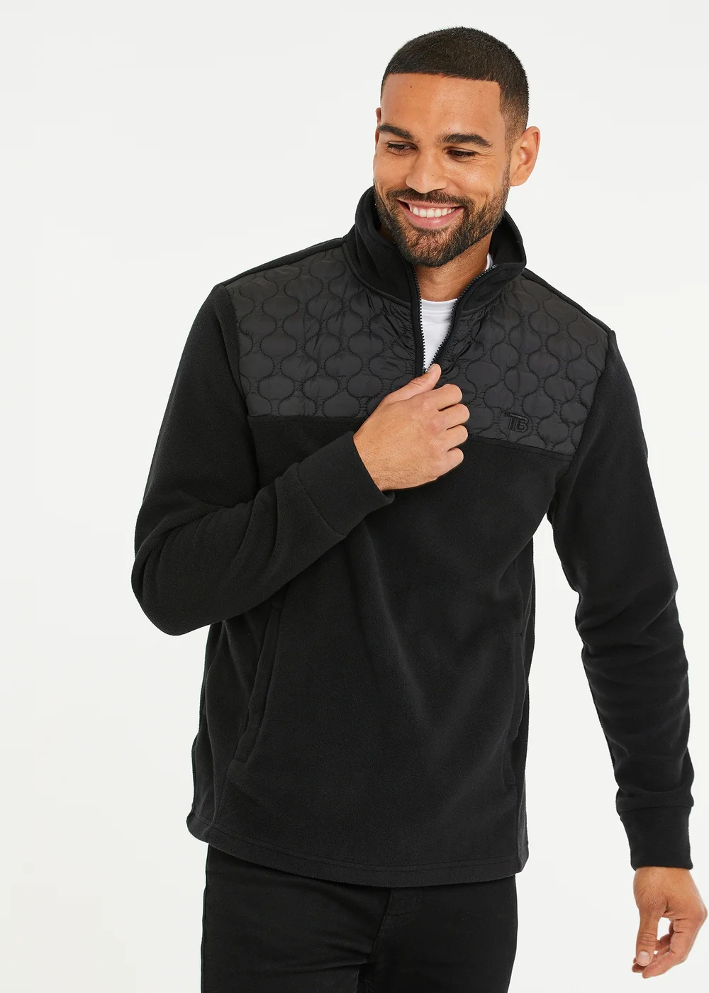 Threadbare Black Quarter Zip Quilted Fleece Jumper - M Image 1