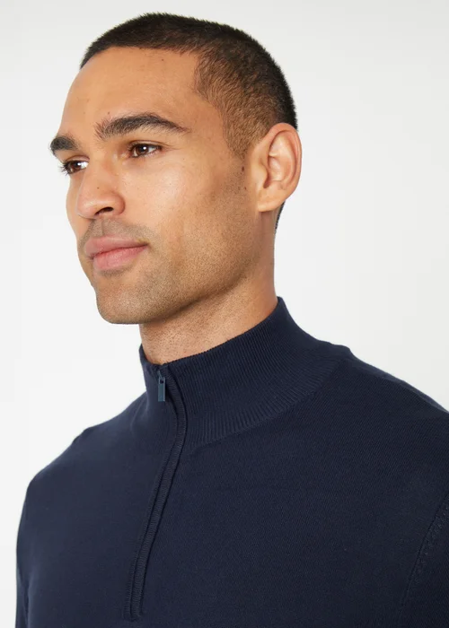 Threadbare Navy Funnel Neck Quarter Zip Knitted Jumper - Large Image 3