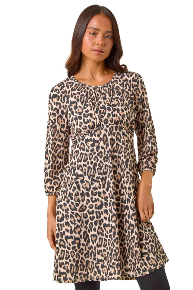 Roman Camel Petite Animal Print Gathered Waist Dress