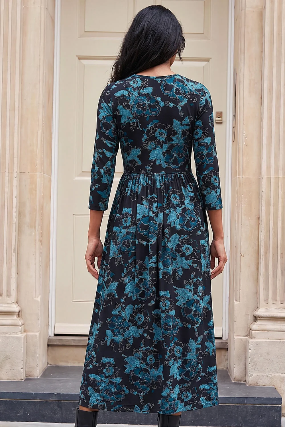 Roman Blue Floral Print Gathered Stretch Midi Dress - 10 Image 3