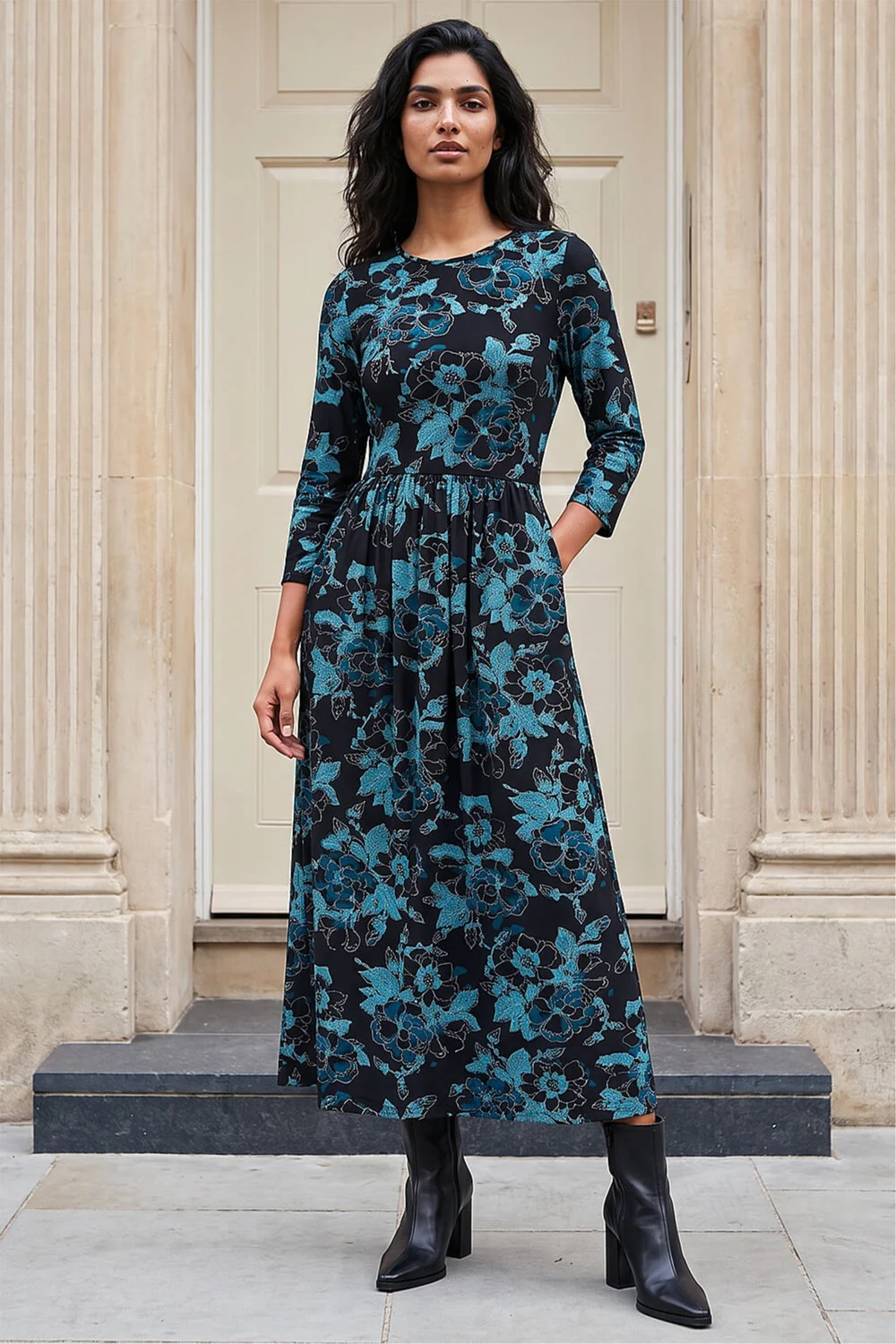 Roman Blue Floral Print Gathered Stretch Midi Dress - 10 Image 1