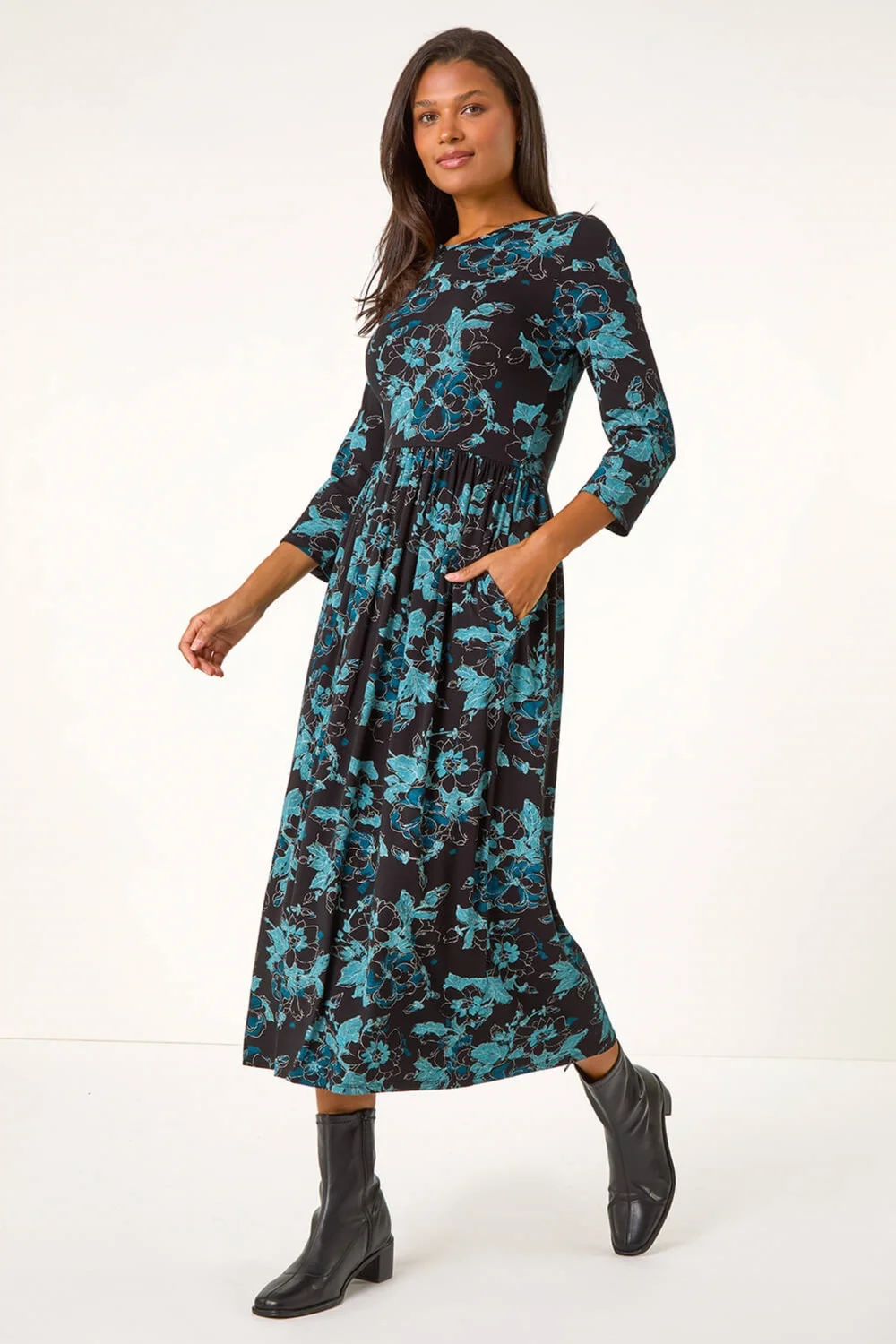 Roman Blue Floral Print Gathered Stretch Midi Dress - 10 Image 2