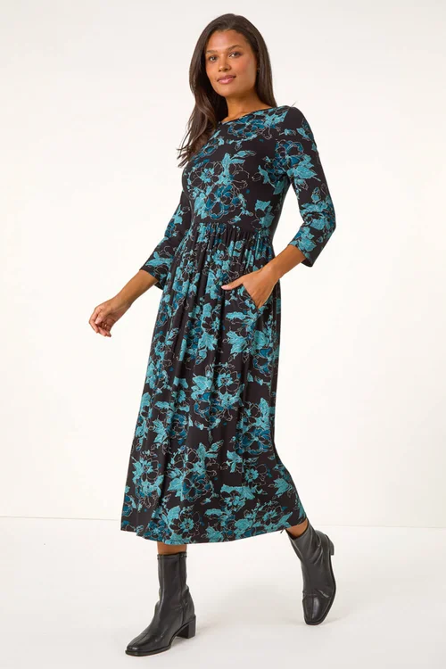 Roman Blue Floral Print Gathered Stretch Midi Dress - 10 Image 2