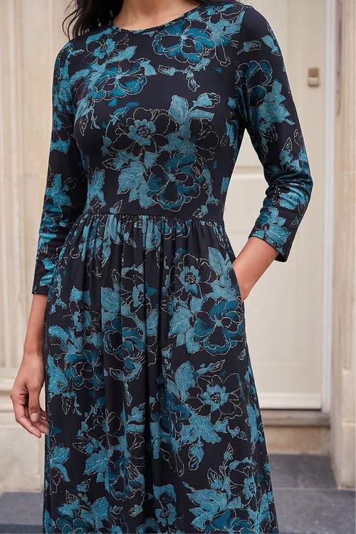 Roman Blue Floral Print Gathered Stretch Midi Dress - 10 Image 4