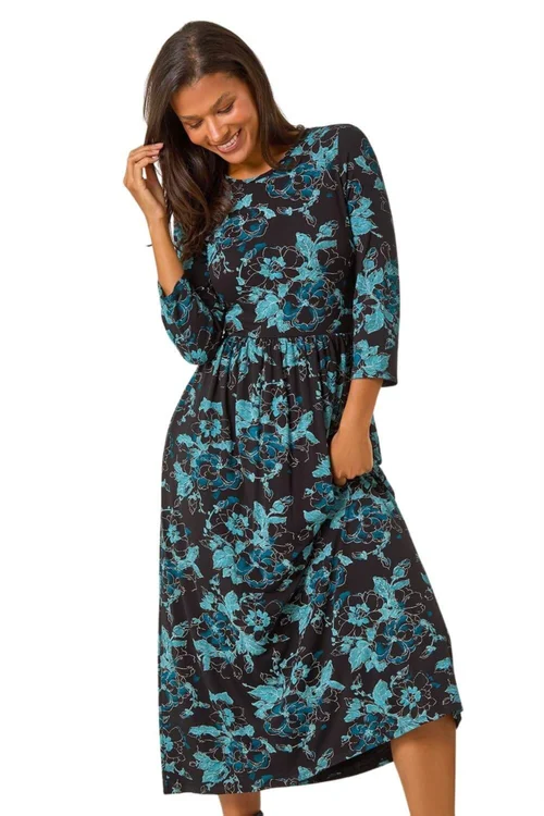 Roman Blue Floral Print Gathered Stretch Midi Dress - 10 Image 1