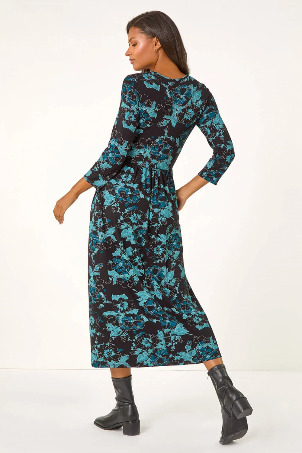 Roman Blue Floral Print Gathered Stretch Midi Dress - 10 Image 3