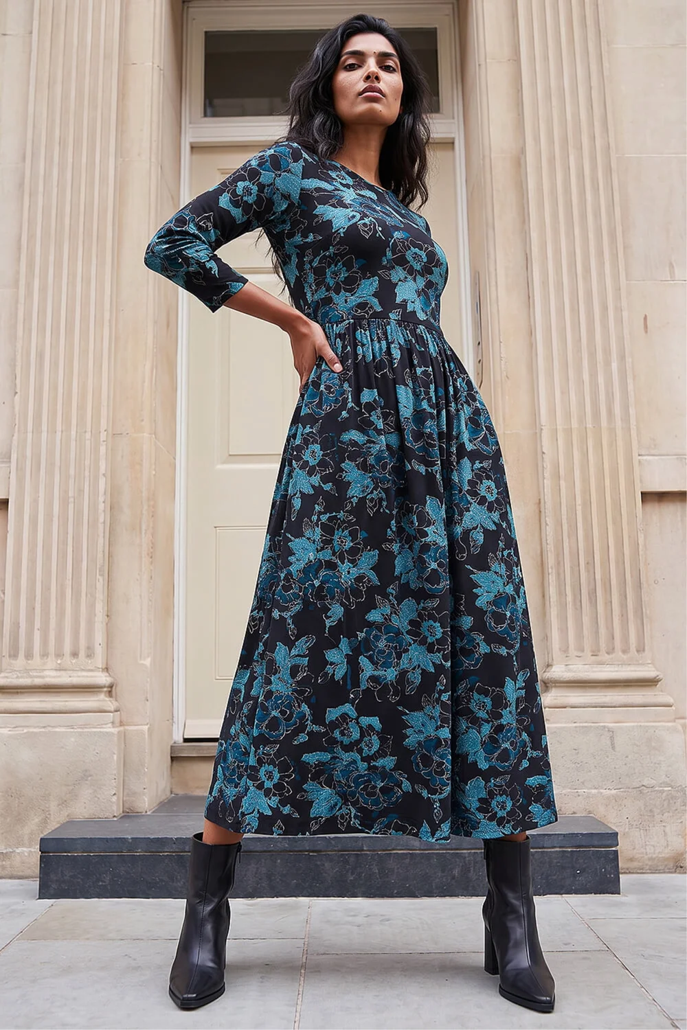 Roman Blue Floral Print Gathered Stretch Midi Dress - 10 Image 2