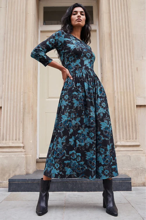 Roman Blue Floral Print Gathered Stretch Midi Dress - 10 Image 2