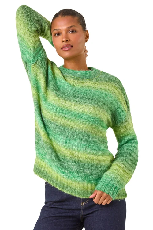 Roman Green Spacedye Stripe Crew Neck Jumper - Size 16 Image 2