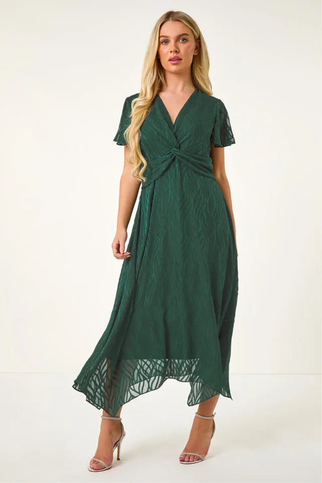Roman Green Petite Front Twist Jacquard Dress