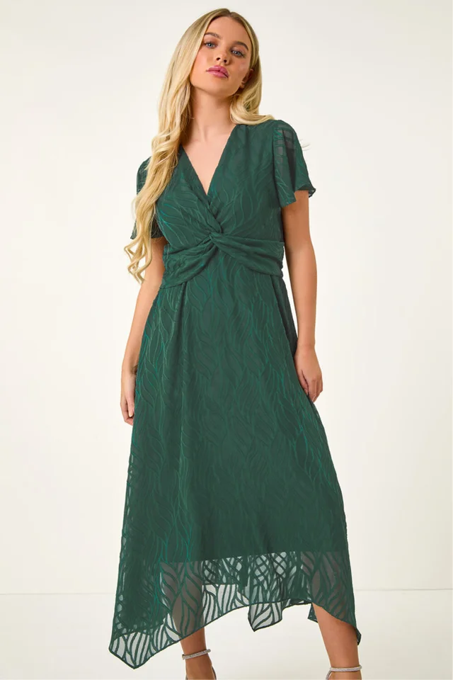 Roman Green Petite Front Twist Jacquard Dress