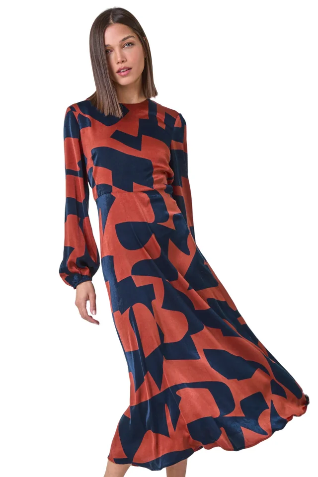 Roman Rust Geometric Colour Block Print Midi Dress