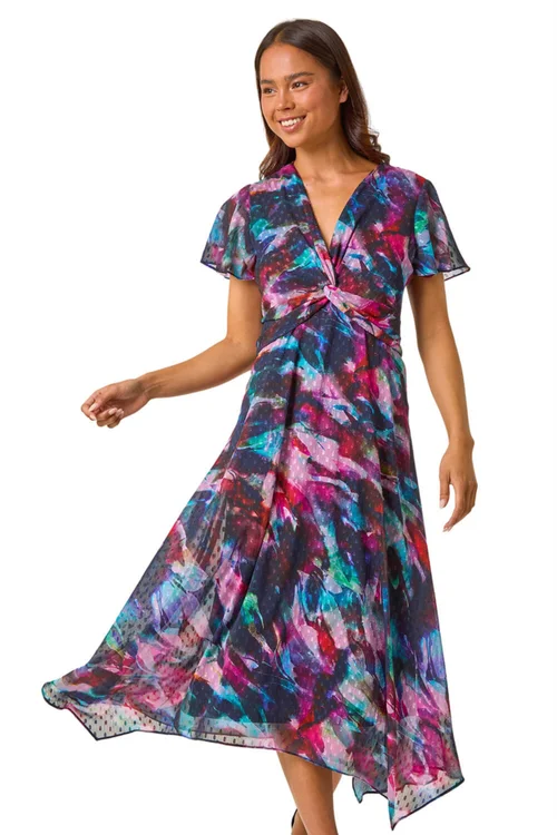 Roman Black Petite Print Twist Front Dobby Midi Dress - 16 Image 1