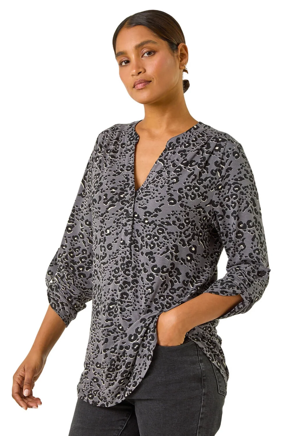 Roman Grey Animal Print Stretch Blouse - Size 18 Image 1