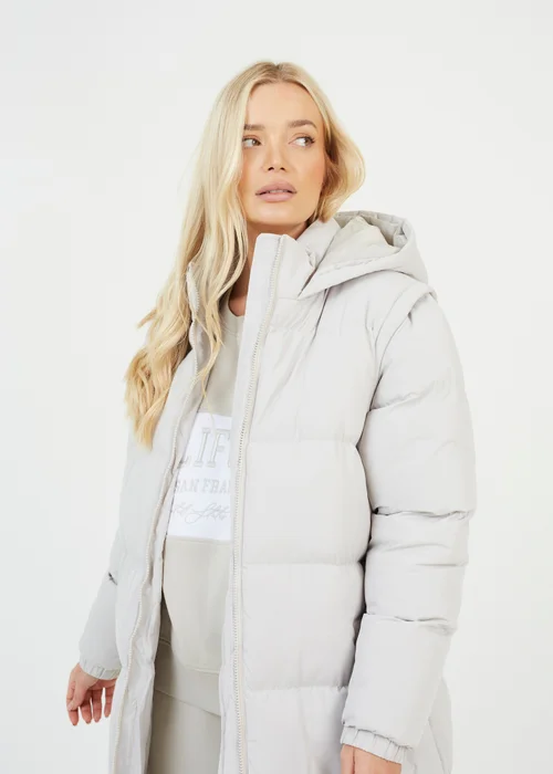 Brave Soul Cream Maxi Hooded Puffer Jacket with Detachable Sleeves - 12 Image 3