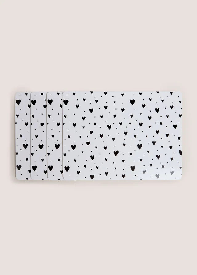 4 Pack White & Black Heart Cork Placemats