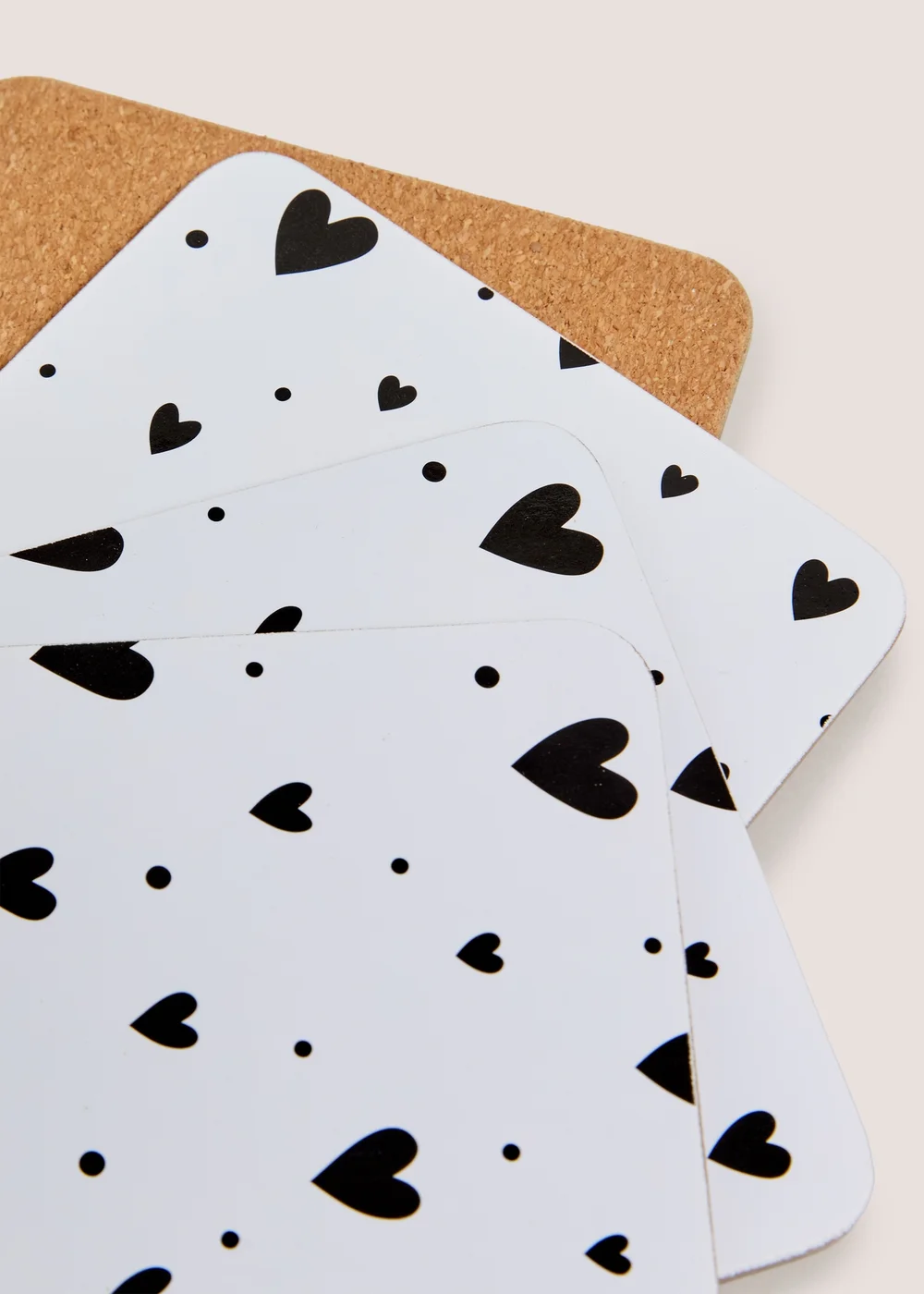 4 Pack White & Black Heart Cork Coasters Image 1