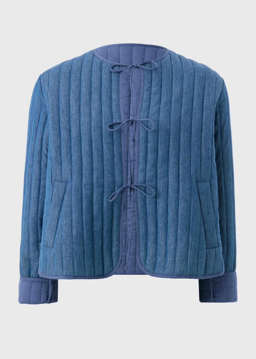 Blue Quilted Denim Tie Front Jacket - L Image 4