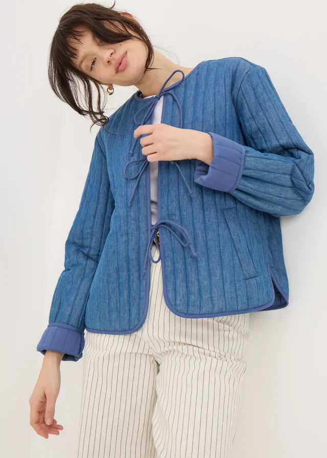 Blue Quilted Denim Tie Front Jacket