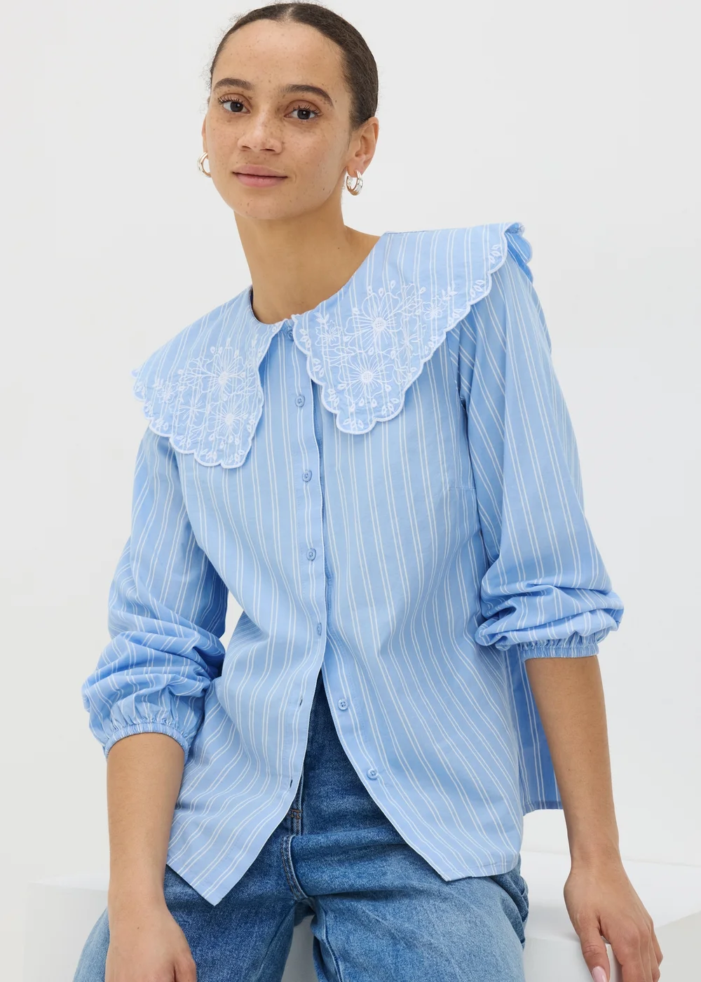 Blue Stripe Embroidered Oversized Collar Shirt - Size 8 Image 1