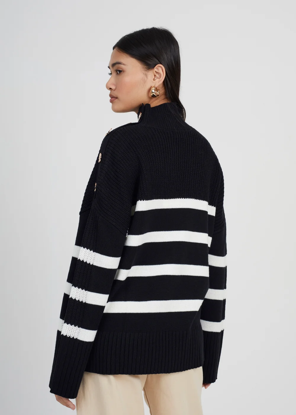 Brave Soul Black Button Detail Striped Turtleneck Jumper - Small Image 2