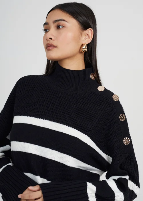 Brave Soul Black Button Detail Striped Turtleneck Jumper - Small Image 3