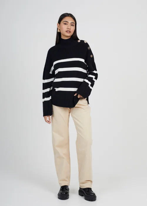 Brave Soul Black Button Detail Striped Turtleneck Jumper - Small Image 4