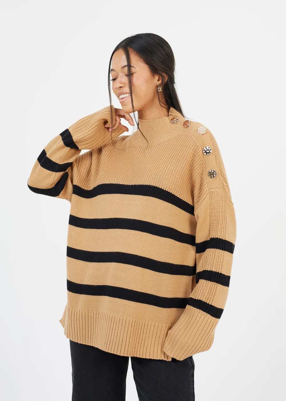 Brave Soul Camel Button Detail Striped Turtleneck Jumper - Extra small Image 1