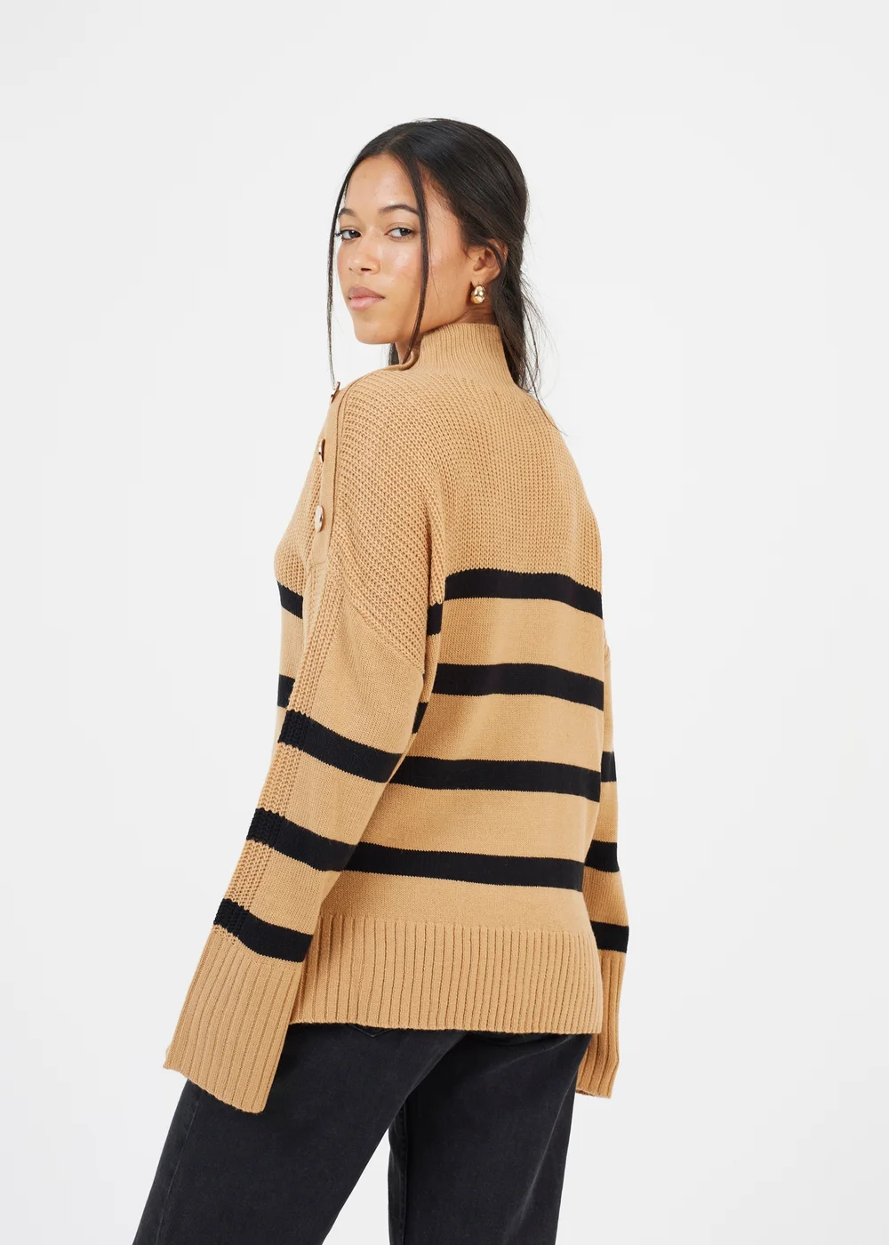 Brave Soul Camel Button Detail Striped Turtleneck Jumper - Extra small Image 2
