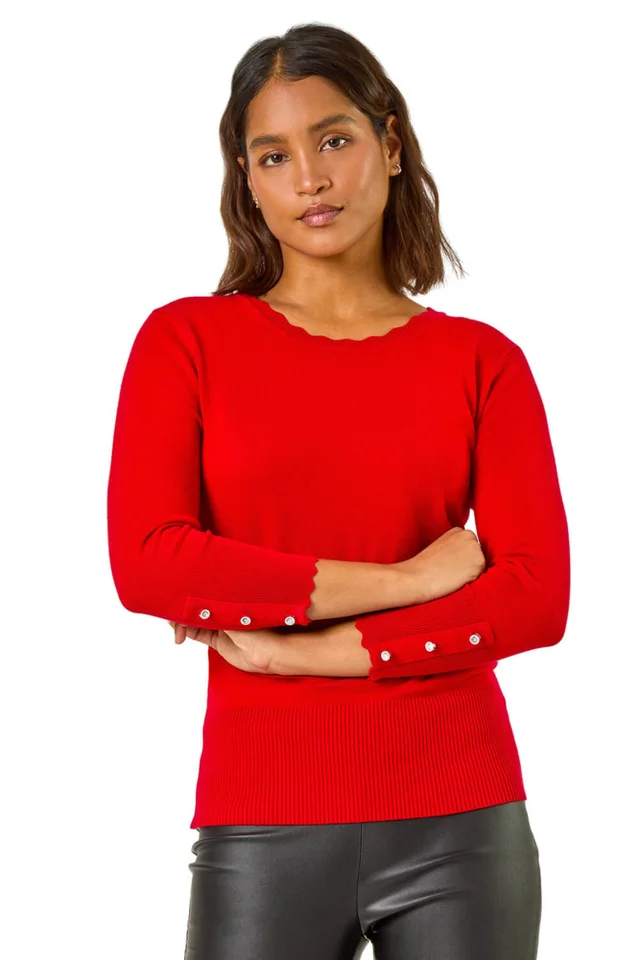 Roman Red Diamante Button Scallop Edge Jumper